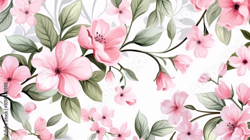 Elegant watercolor floral illustration with pink, white, and purple blossoms.