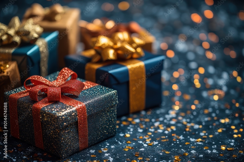 Colorful Gift Boxes with Ribbons and Confetti on Dark Background – Gold, Blue, and Green Christmas Presents, Holiday Celebration Banner
Colorful Gift Boxes with Ribbons and Confetti on Dark Background – Gold, Blue, and Green Christmas Presents, Holiday Celebration Banner