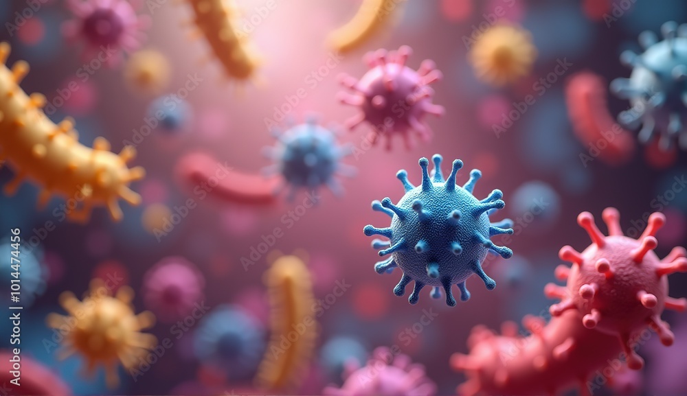 Detailed and Vibrant Depiction of Microbial Life in a Colorful Medical Environment. High-Resolution Bacterial World with Microflora in Focus. Detailed and Vibrant Depiction of Microbial Life in a Colorful Medical Environment. High-Resolution Bacterial World with Microflora in Focus.