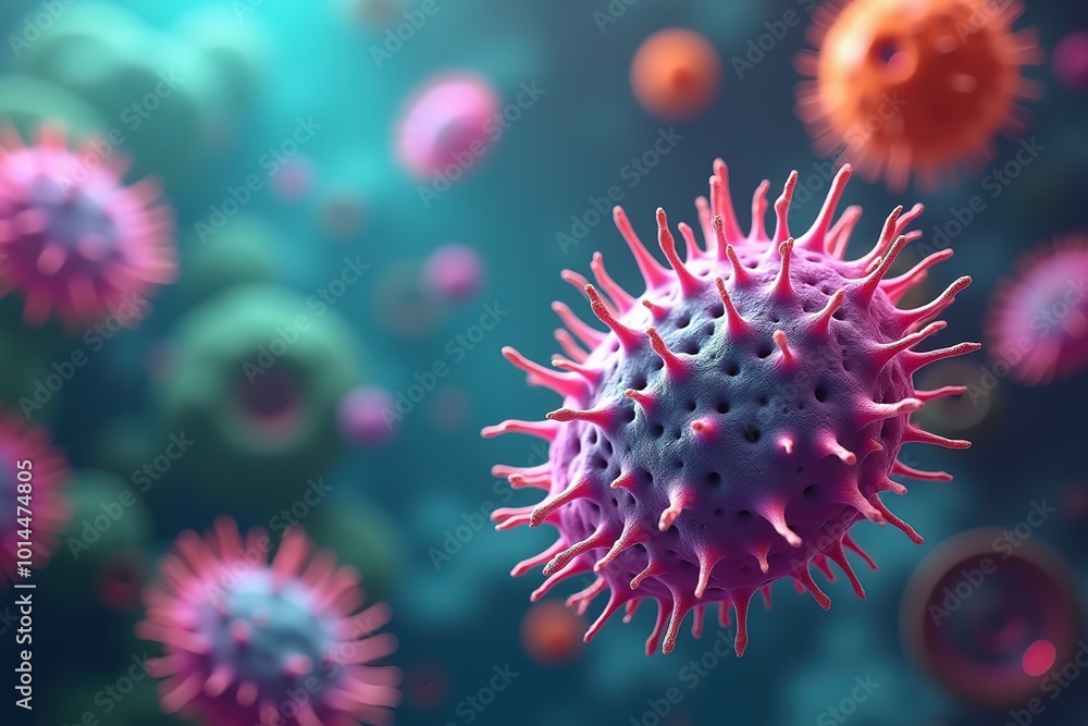 Fototapeta premium Detailed and Vibrant Depiction of Microbial Life in a Colorful Medical Environment. High-Resolution Bacterial World with Microflora in Focus.