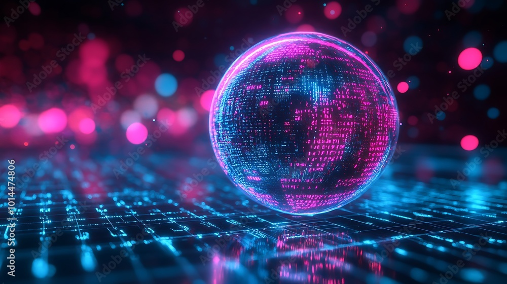A glowing sphere with digital code on a gridded surface in neon pink and blue. A glowing sphere with digital code on a gridded surface in neon pink and blue.