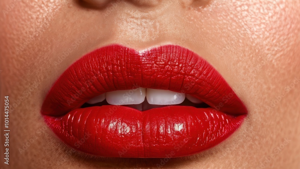 Close-up of vibrant red lips showcasing glossy lipstick and white teeth. Close-up of vibrant red lips showcasing glossy lipstick and white teeth.