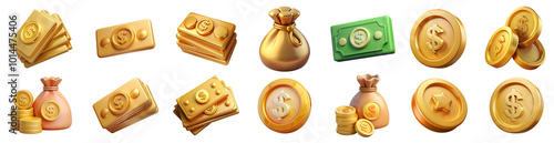 A modern 3D set featuring various coins, bags of money, and icons representing the dollar symbol, showcasing wealth and success in finance and investment