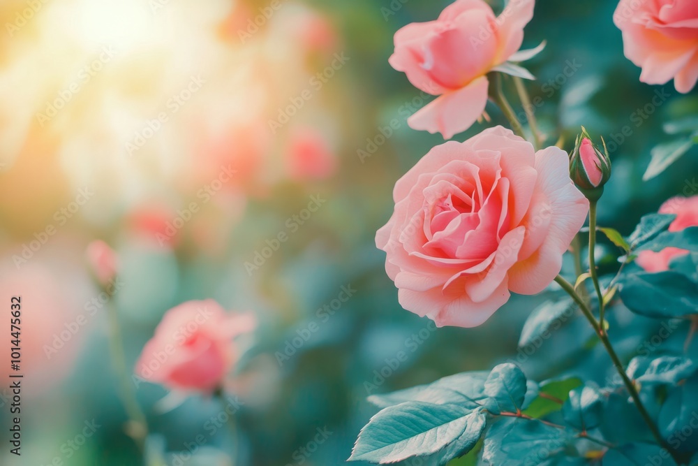 Obraz premium Beautiful blooming pink roses in a serene garden. The soft sunlight creates a warm glow, enhancing the natural beauty. Perfect for floral designs. Generative AI