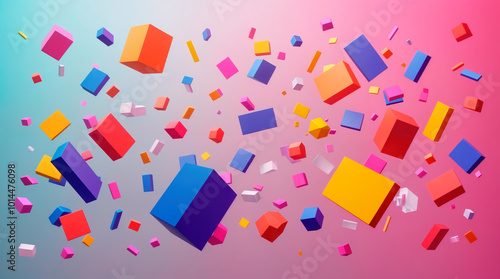 Colorful 3D geometric shapes floating in abstract space, vibrant cubes and rectangles scattered across gradient background from blue to pink