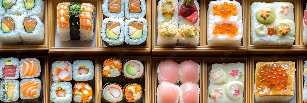 Japanese convenience store display, colorful bento boxes, sushi rolls ...