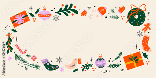 Title: Christmas background horizontal banner in cartoon retro style with blank space for text, Xmas frame, border with winter holiday seasonal vector illustration elements for design