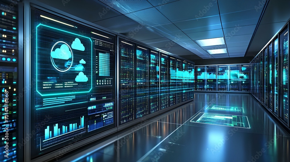 A futuristic data center corridor showcasing high-tech servers and digital interfaces illuminated in blue tones. A futuristic data center corridor showcasing high-tech servers and digital interfaces illuminated in blue tones.