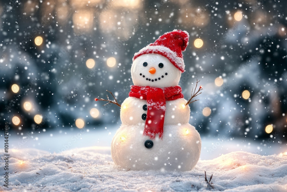 A cheerful snowman stands in a snowy landscape. Snowflakes gently fall all around. The bright red hat adds a festive touch. Perfect for winter themes. Generative AI A cheerful snowman stands in a snowy landscape. Snowflakes gently fall all around. The bright red hat adds a festive touch. Perfect for winter themes. Generative AI