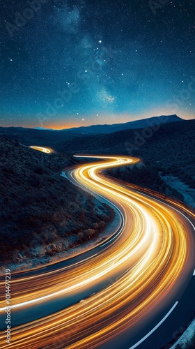 Winding road under starry sky, long exposure light trails. Night travel and adventure concept