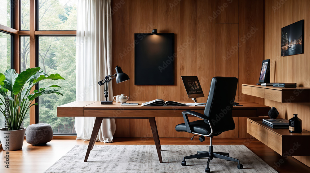 Modern home office with wooden walls, large windows overlooking nature, stylish desk, ergonomic chair, and minimalist decor, blending productivity and tranquility Modern home office with wooden walls, large windows overlooking nature, stylish desk, ergonomic chair, and minimalist decor, blending productivity and tranquility