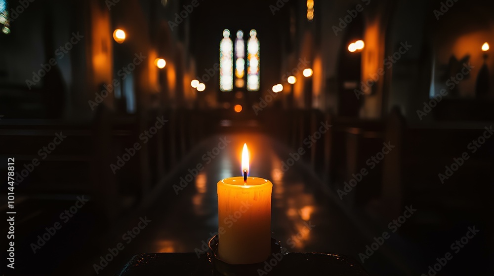 A solitary candle illuminates a dimly lit church interior, creating a serene atmosphere highlighted by stained glass windows. A solitary candle illuminates a dimly lit church interior, creating a serene atmosphere highlighted by stained glass windows.