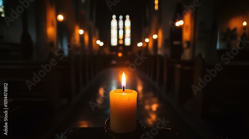 A solitary candle illuminates a dimly lit church interior, creating a serene atmosphere highlighted by stained glass windows.