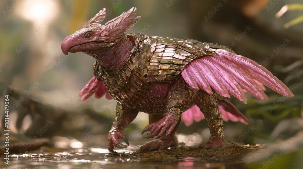 Obraz premium Majestic Armadillo Flamingo Hybrid Struts Through Vibrant Wetland - 3D Concept Art with Detailed Armor and Feathers
