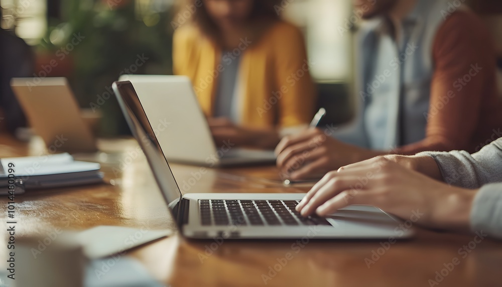 Close-up of a person's hands typing on a laptop while sitting at a table with other people out of focus Close-up of a person's hands typing on a laptop while sitting at a table with other people out of focus