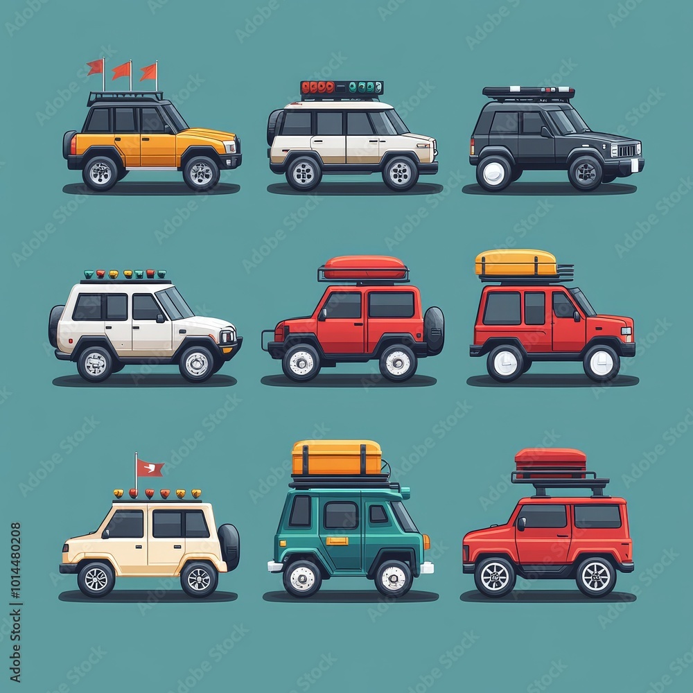 Set of Cartoon SUV Cars with Roof Racks and Accessories Set of Cartoon SUV Cars with Roof Racks and Accessories