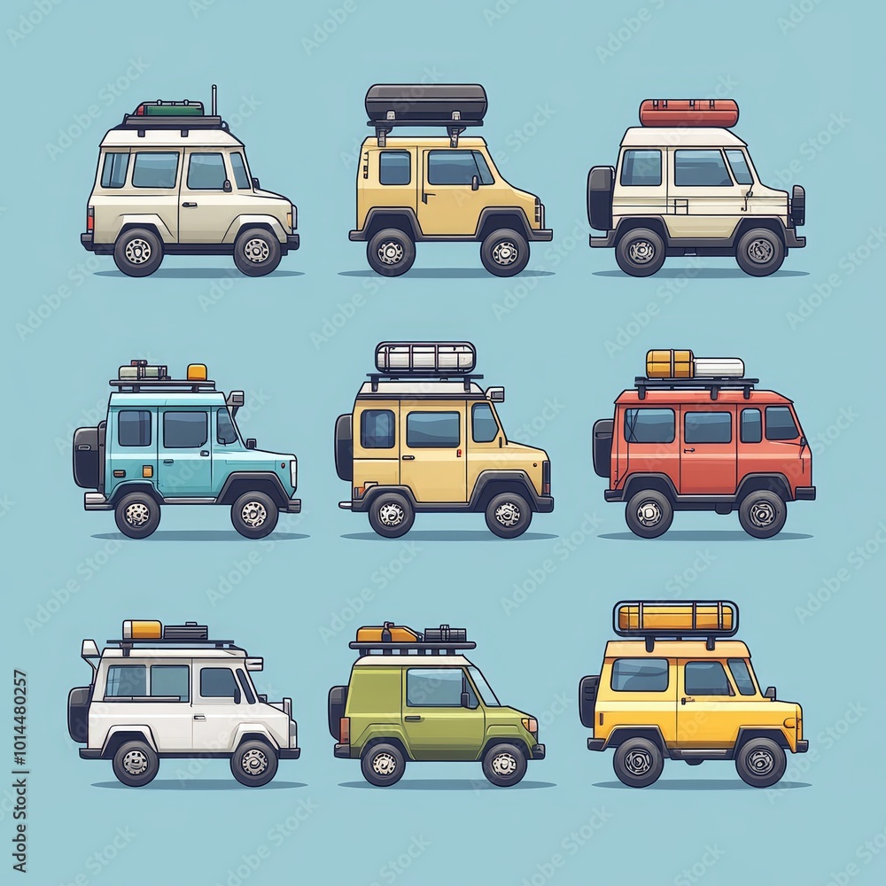 Off Road Vehicles Set x Adventure Car Icons Travel Illustration Off Road Vehicles Set x Adventure Car Icons Travel Illustration