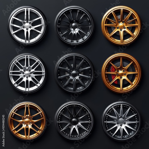 Set of Nine Alloy Wheels Silver Black and Gold D Render