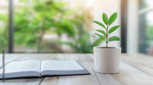 small green plant in white pot sits next to open notebook on wooden table, symbolizing growth and knowledge in serene environment