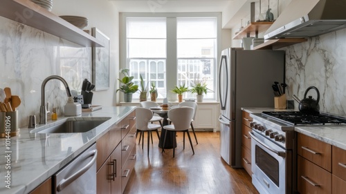 A modern kitchen with stainless steel appliances and a marble backsplash. This image is perfect for interior design  home decor  and lifestyle blogs.