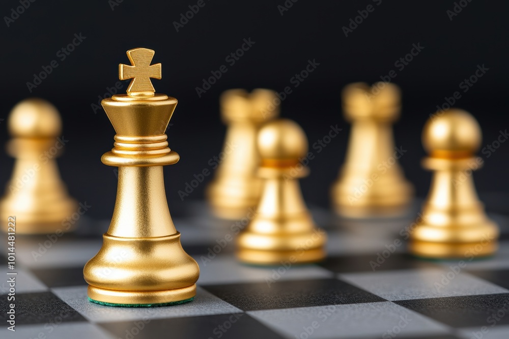 Golden chess pieces on black and white chessboard symbolize strategic thinking and calculated moves in financial decisions. gleaming surface reflects ambition and competition