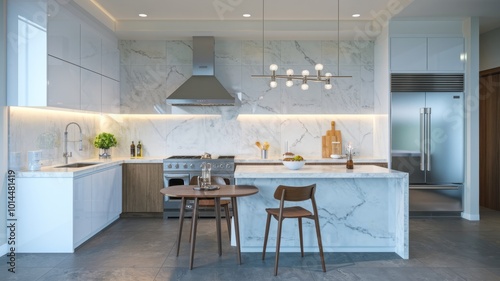 A modern kitchen with stainless steel appliances and a marble backsplash. This image is perfect for interior design  home decor  and lifestyle blogs.