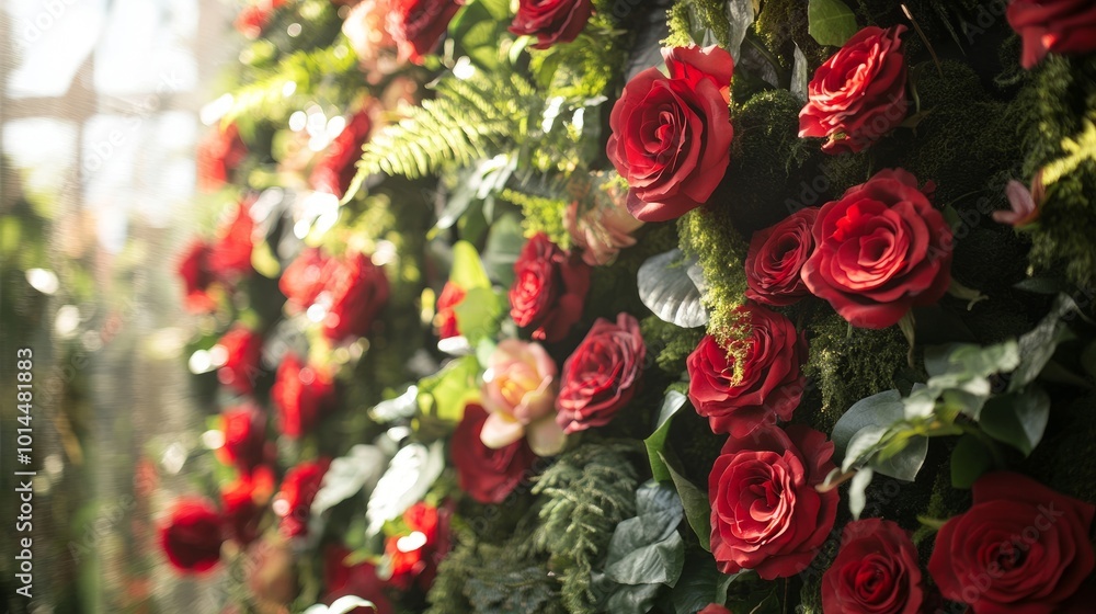 A stunning wall display of red roses and lush foliage with creative cut-outs, enhanced by natural light filtering through clear windows, creating depth A stunning wall display of red roses and lush foliage with creative cut-outs, enhanced by natural light filtering through clear windows, creating depth