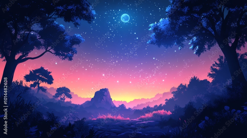 custom made wallpaper toronto digitalNight Sky Forest Silhouette with Full Moon and Stars