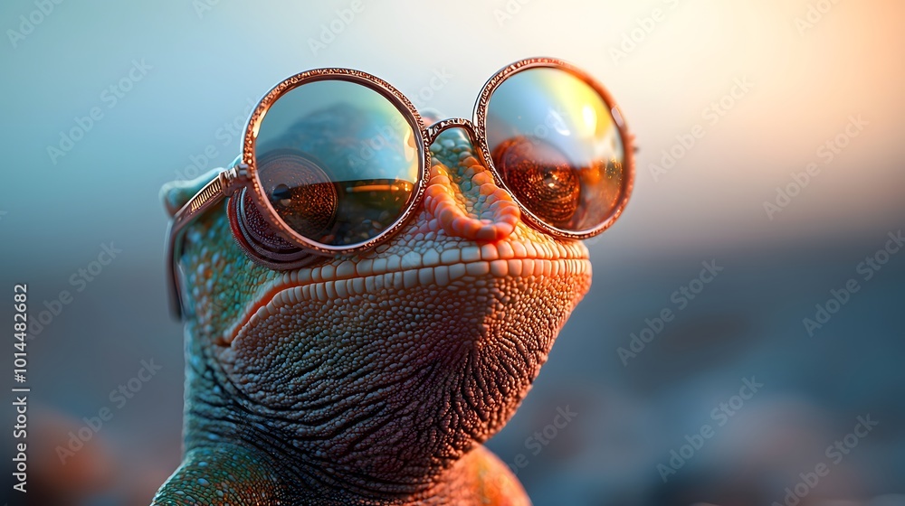 Chameleon with Mirrored Sunglasses in Unique Look Chameleon with Mirrored Sunglasses in Unique Look