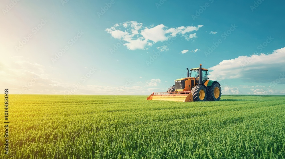 Tractor working in lush green field under blue sky Tractor working in lush green field under blue sky