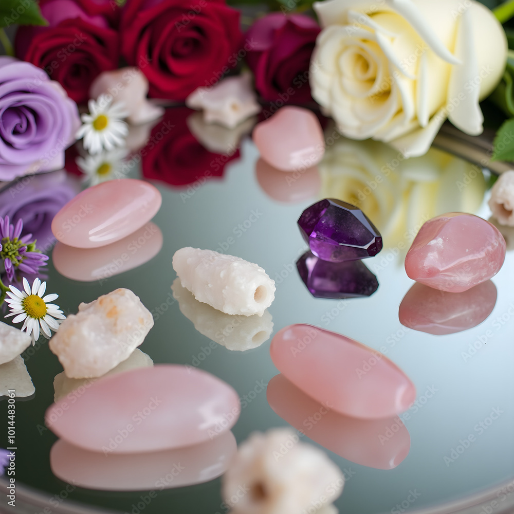An artistic arrangement of flowers and crystals on a mirror surface. An artistic arrangement of flowers and crystals on a mirror surface.