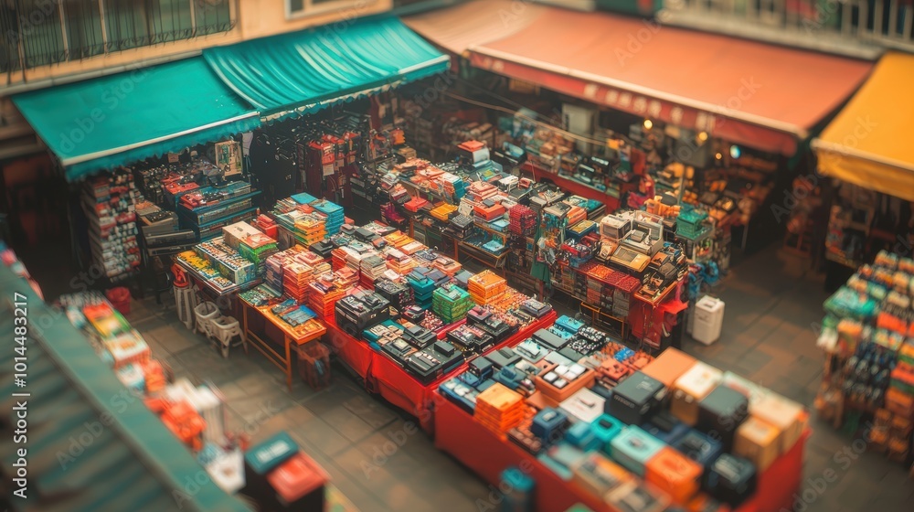 Naklejka premium Vibrant market stalls with colorful goods, aerial perspective.