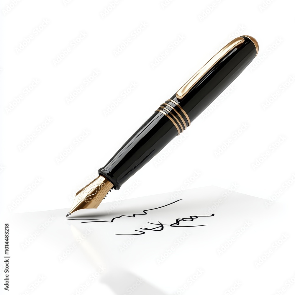 Black Fountain Pen Signing Document on White Paper Black Fountain Pen Signing Document on White Paper