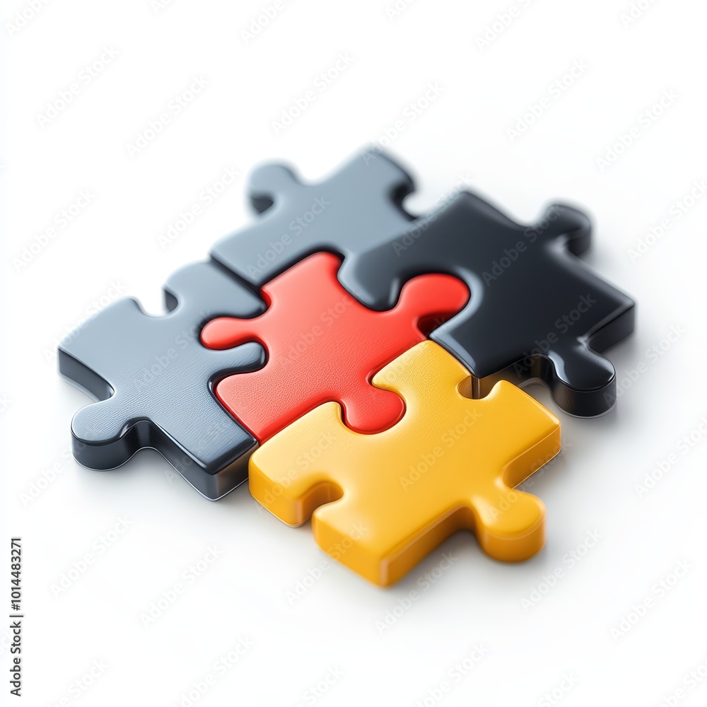 Three Interlocking Puzzle Pieces in Black Red and Yellow Three Interlocking Puzzle Pieces in Black Red and Yellow