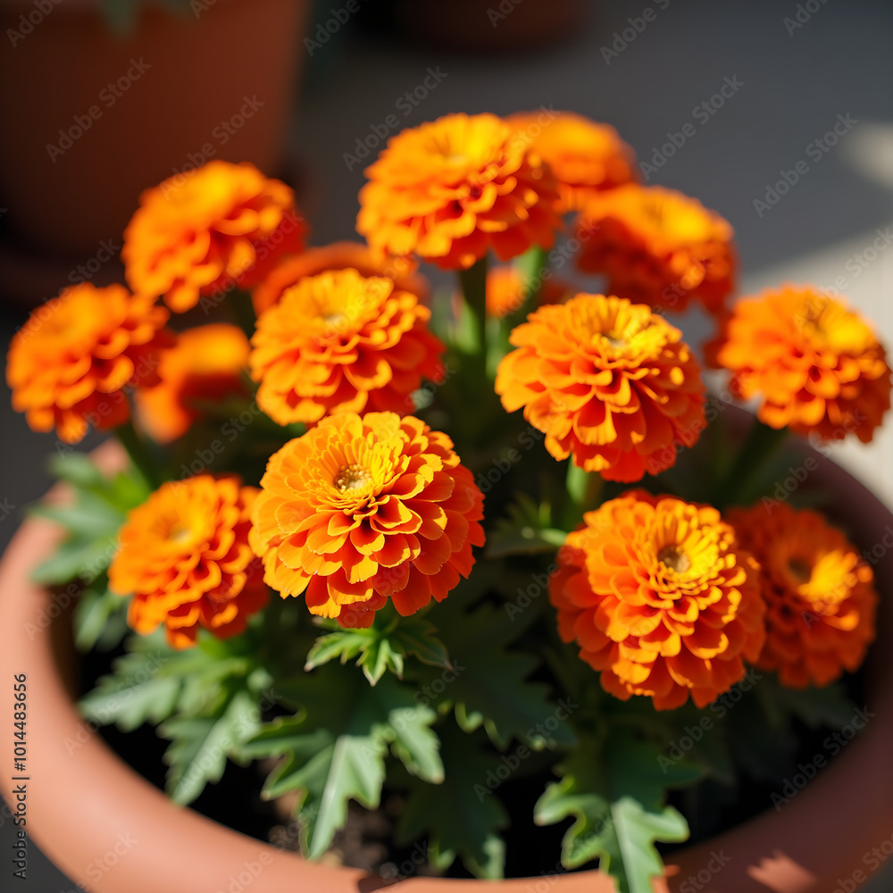 Vibrant orange marigolds in a terracotta pot. Vibrant orange marigolds in a terracotta pot.