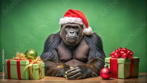 Christmas gorilla with gifts and decorations on a neutral green background photo