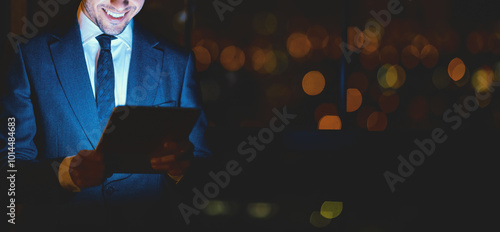 Unrecognizable Businessman Using Digital Tablet And Smiling Reading Business News Online Standing In Modern Office. Panorama, Cropped, Free Space