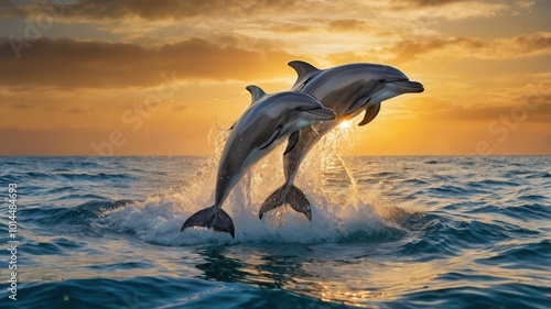 dolphins jumping from the sea with sunset background