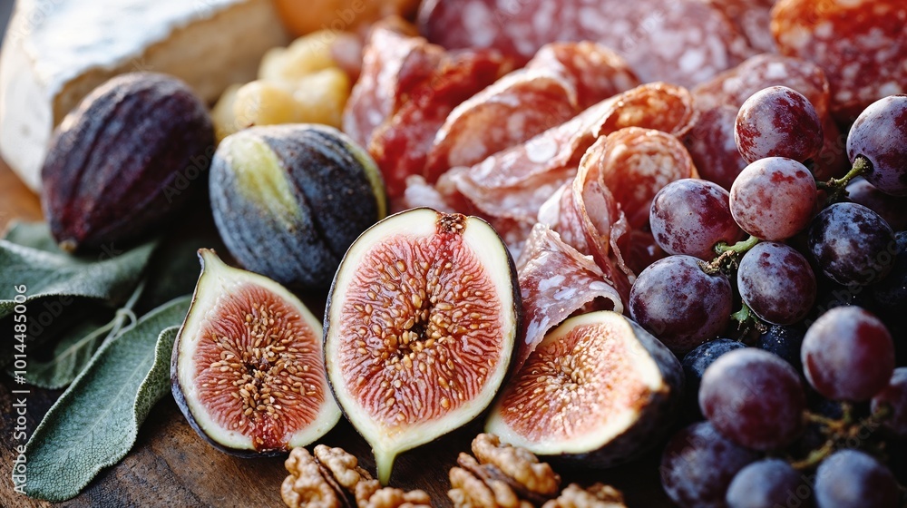 Charcuterie Board with Cured Meats, Fresh Figs, Grapes, and Cheeses, Closeup
Charcuterie Board with Cured Meats, Fresh Figs, Grapes, and Cheeses, Closeup