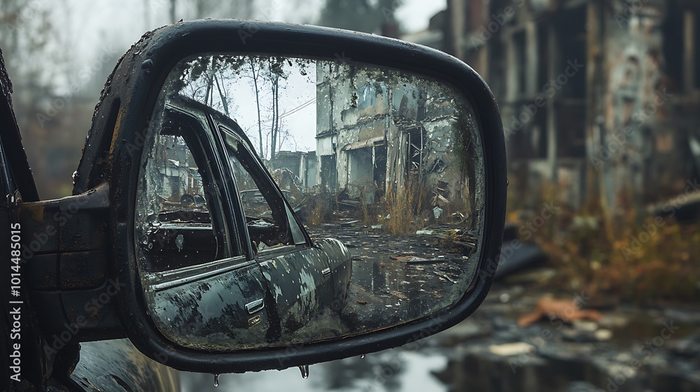 A shattered rearview mirror reflects a destroyed building in the aftermath of a war. A shattered rearview mirror reflects a destroyed building in the aftermath of a war.
