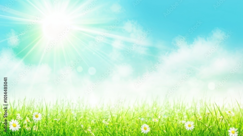 Bright sunny landscape with grass and daisies under a blue sky. Bright sunny landscape with grass and daisies under a blue sky.