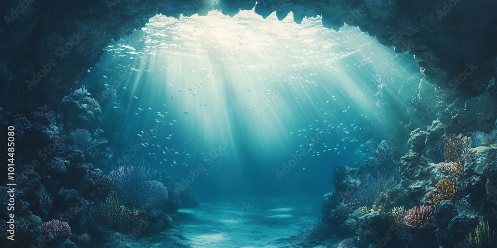 Obraz premium Underwater cave with sunlight shining through, a school of fish swimming through.