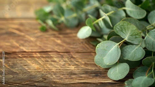 close up of eucalyptus on wooden table