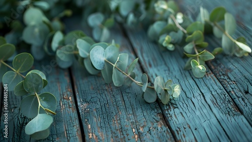 close up of eucalyptus on wooden table