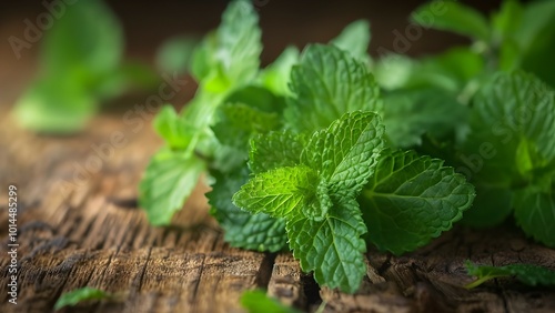 close up of mint herbs on wooden table