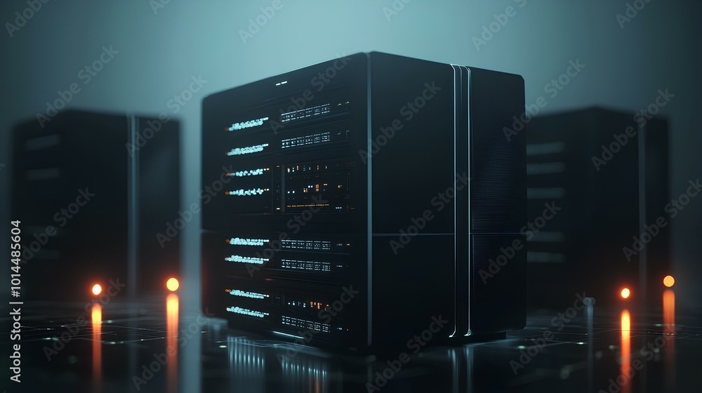 A sleek, modern server setup illuminated by ambient lighting, highlighting the technology and data storage functionality. A sleek, modern server setup illuminated by ambient lighting, highlighting the technology and data storage functionality.