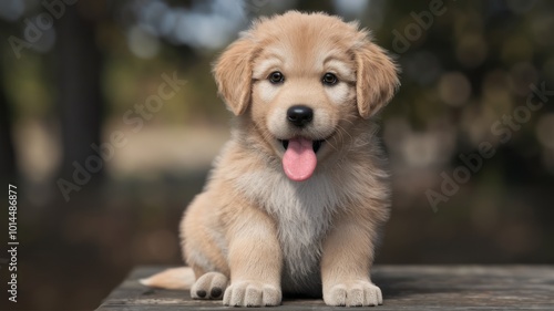 Cute puppy with brown and white fur peeking out of green grass, tongue out, looking at the camera.