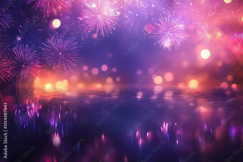 Festive fireworks display with reflections, copy space with generative ai Festive fireworks display with reflections, copy space with generative ai