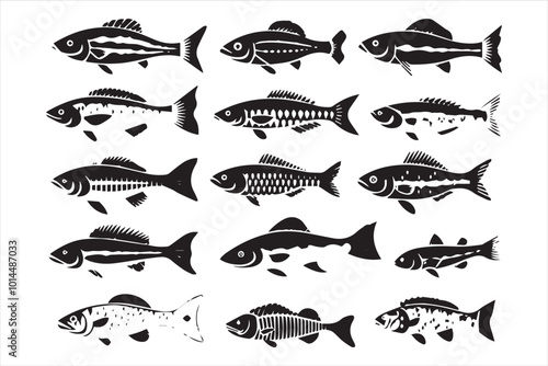 Swimming fish in black and white silhouette collection set