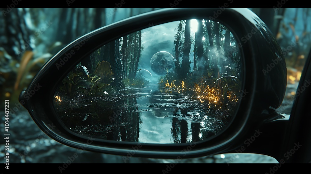 A surreal forest landscape reflected in a car's rearview mirror. A surreal forest landscape reflected in a car's rearview mirror.